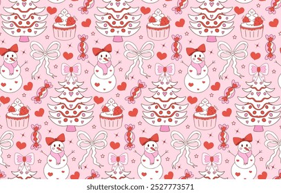 Pink girly coquette christmas pattern. Merry christmas and happy new year Lovely cute textile print. Vector illustration
