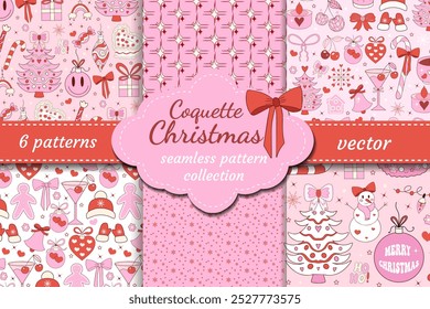 Conjunto de patrón de Navidad de coqueta femenina rosa. Feliz Navidad y feliz año nuevo Impresión textil linda encantadora. Ilustración vectorial