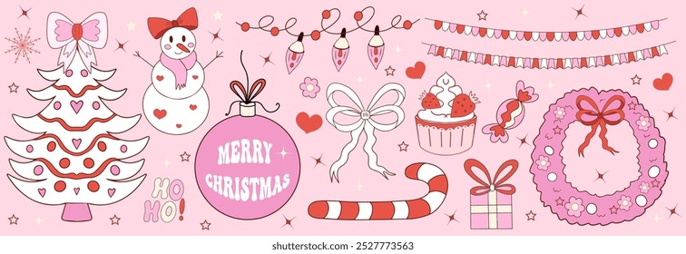 Pink girly coquette christmas set. Merry christmas and happy new year Lovely cute collection, christmas tree decorations with bows, pink ribbon. Vector illustration