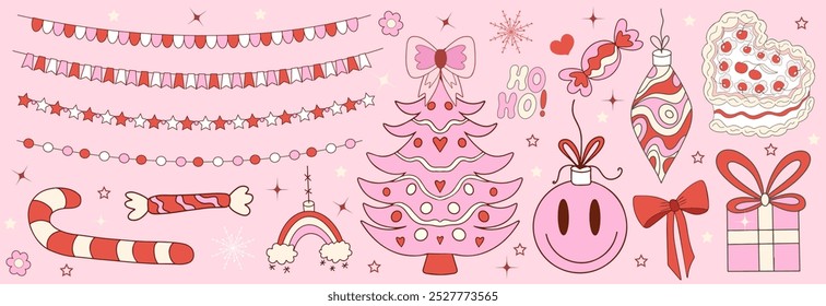 Pink girly coquette christmas set. Merry christmas and happy new year Lovely cute collection, christmas tree decorations with bows, pink ribbon. Vector illustration