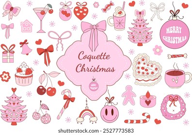 Pink girly coquette christmas set. Merry christmas and happy new year Lovely cute collection, christmas tree decorations with bows, pink ribbon. Vector illustration