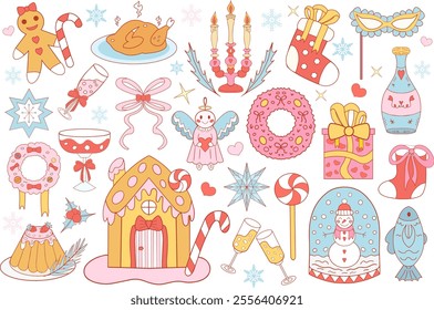 Pink girly coquette christmas set. Merry christmas and happy new year Lovely cute collection, christmas tree decorations with bows, pink ribbon. Vector illustration