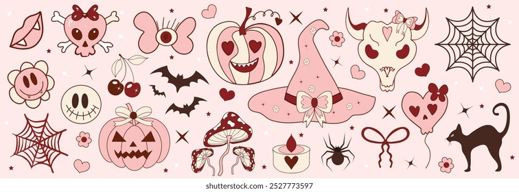 Pink girly coquette halloween set. Lovely cute collection, witch hat, pumpkins with bows, pink ribbon, spider web, skulls. Vector illustration