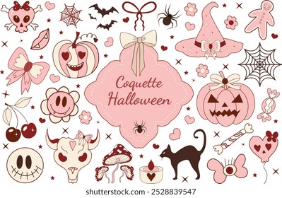 Pink girly coquette halloween set. Lovely cute collection, witch hat, pumpkins with bows, pink ribbon, spider web, skulls. Vector illustration