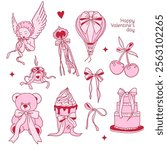 Pink girly coquette y2k aesthetic hand drawn elements set, elegant vintage clipart. Lovely cute collection - cherry, pink ribbon, bows, cake, ice cream, teddy, balloon, cupid. Vector illustration