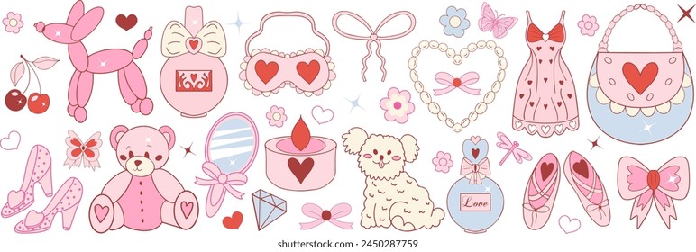 Pink girly coquette y2k aesthetic set, elegant vintage accessory. Lovely cute collection, red cherrie, pink ribbon, bow, balloon dog isolated on white background. Vector illustration.