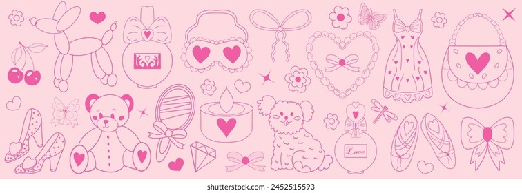 Conjunto de estética y2k de coqueta femenina rosa, elegante accesorio vintage. Preciosa colección linda, cereza roja, cinta rosa, arco, globo de arte de línea de perro. Ilustración vectorial