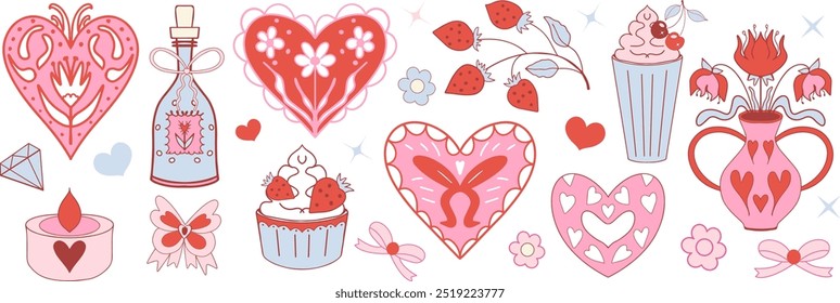 Pink girly coquette y2k aesthetic set, elegant vintage accessory. Lovely cute collection, red cherrie, pink ribbon, bow, balloon dog isolated on white background. Vector illustration