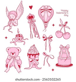 Pink girly coquette y2k aesthetic hand drawn elements set, elegant vintage clipart. Lovely cute collection - cherry, pink ribbon, bows, cake, ice cream, teddy, balloon, cupid. Vector illustration