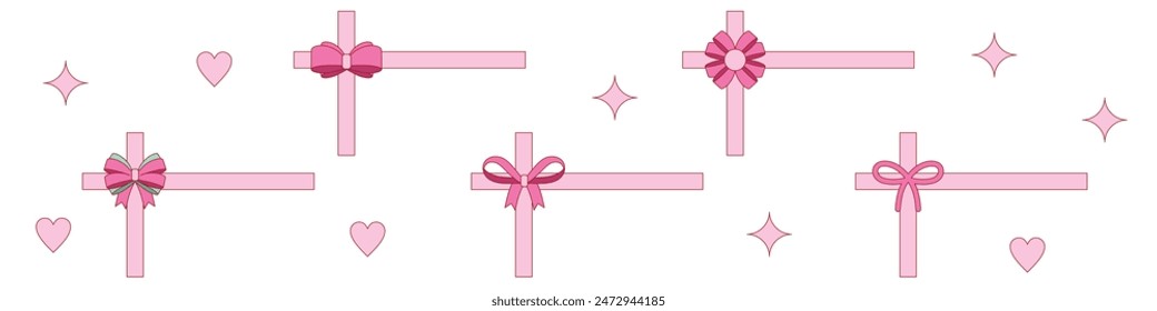 pink girly frame border cartoon bow set. Bow for hair decor present, invitation, flat. Trendy girls accessories. Gift Bows. Good for valentine's day, wedding and mother's day