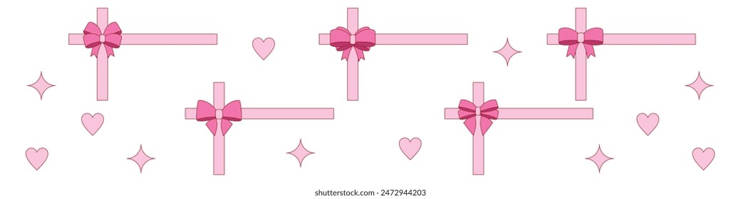 pink girly frame border cartoon bow set. Bow for hair decor present, invitation, flat. Trendy girls accessories. Gift Bows. Good for valentine's day, wedding and mother's day