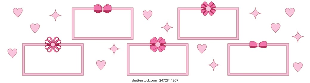 pink girly frame border cartoon bow set. Bow for hair decor present, invitation, flat. Trendy girls accessories. Gift Bows. Good for valentine's day, wedding and mother's day