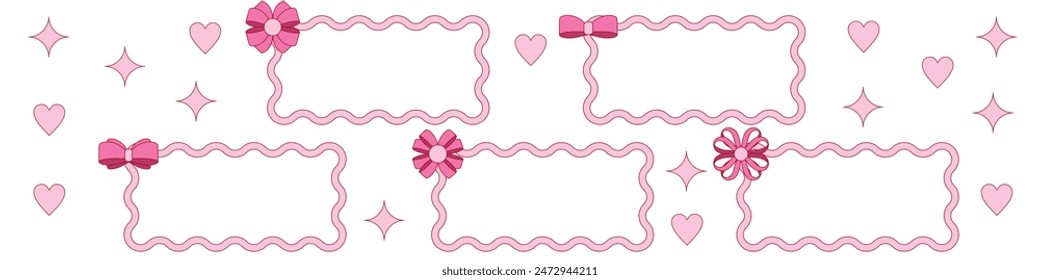 pink girly frame border cartoon bow set. Bow for hair decor present, invitation, flat. Trendy girls accessories. Gift Bows. Good for valentine's day, wedding and mother's day