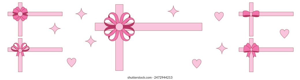 pink girly frame border cartoon bow set. Bow for hair decor present, invitation, flat. Trendy girls accessories. Gift Bows. Good for valentine's day, wedding and mother's day