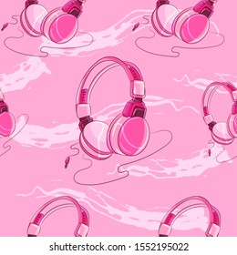 Pink girly headphones with a cable seamless pattern. Music genres, audio connection illustration.