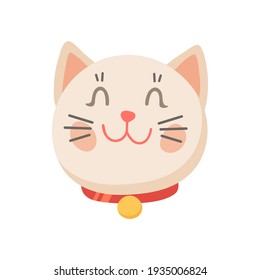 Pink girly kitten in collar with medal isolated smiling cat. Vector happy home pet, shy emoji of feline animal, hipster cat emoticon character. Kitten with closed eyes, champion pet in pleased mood