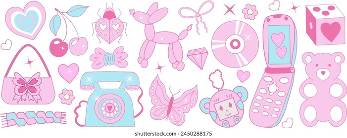 Pink girly retro coquette y2k aesthetic set, elegant vintage accessory. Lovely cute collection, gummy bear, pink ribbon, bow, balloon dog isolated on white background. Vector illustration.