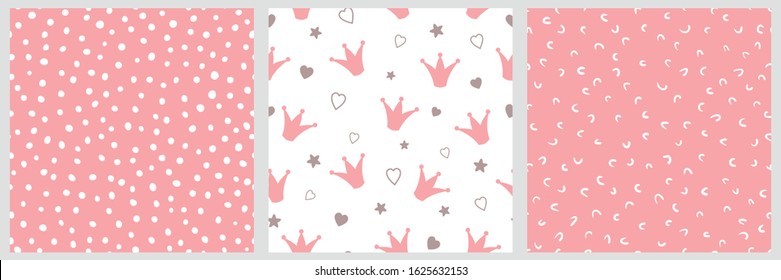 Pink girly seamless pattern Crowns Hand drawn dotted seamless irregular background Textile design for girls vector