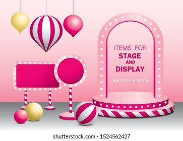 pink girly stage podium with light bulb and decoration items for product display or game show or fashion show.
