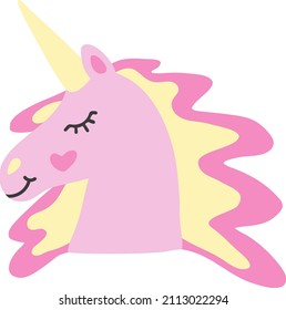 Pink girly unicorn. Magic horse pony sweetly slumbers. Hand drawn cute cartoon head animal in pastel rosy yellow colors for baby girl products design. Freehand vector flat illustration. Fantasy doodle