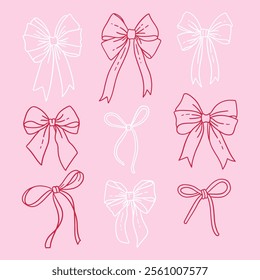 Pink girly vintage bows set. Linear Bow for hair decor. Coquette Ribbons. Trendy girls accessories. Cute hairstyle elements collection. Romantic elements for Valentines day. Linear Vector illustration