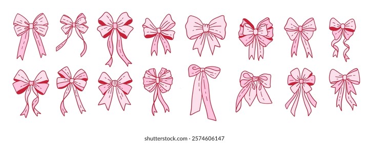 Pink girly vintage bows set. Coquette Bow for hair decor collection. Satin Trendy girls accessories. Cute hairstyle elements collection. Trendy coquettish ribbon. Contour vector illustration.