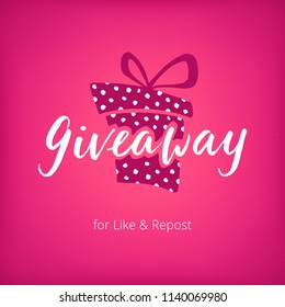 Pink giveaway template on banner for social media. White ink lettering with polka dots present box on gradient pink background. Gift banner for promotion of social account, freebie competitions. 