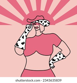 Pink glam curvy cowgirl cartoon vector illustration. Fancy dress with cowhide print gloves, crop top and cowboy hat design 