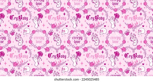 Pink glam gothic wallpaper.Y2k Creepy Seamless pattern. Goth glamour concept of love. Teen girls background with skull, roses, heart slogans. Grave weird style. Fun rock 90s, 00s aesthetic.