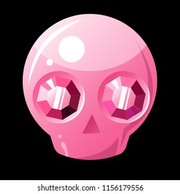 Pink glamorous glossy skull, isolated on a black background.