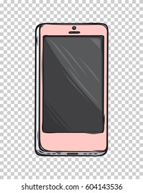 Pink glamorous smartphone isolated on transparent background. Modern device in fashionable girlish design. Vector illustration of last model cellphone in rose gold coloring for stylish women.