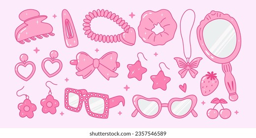 Pink glamour pack of y2k trendy accessories with hearts, stars, rhinestones, diamonds. Earrings, necklace, sunglasses, pin. Teen girl of 90s 2000s aesthetic. Cute nostalgia vector stickers