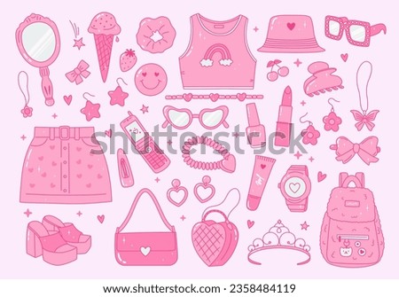 Pink glamour pack of y2k trendy clothes and accessories with hearts, stars, rhinestones, diamonds. Teen girl of 90s 2000s aesthetic. Cute nostalgia stickers. Vector illustration.