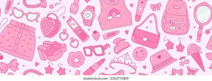 Pink glamour seamless banner with y2k trendy clothes and accessories. Vector pattern with sunglasses, phone, bags, hearts, stars, rhinestones. Teen girl of 90s 00s aesthetic. Cute nostalgia background