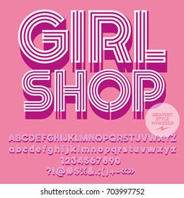 Pink Glamour Striped Vector Alphabet. Graphic Font With Text Girl Shop