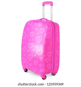 Pink glamour vector traveller's suitcase with hearts pattern and sliding handle