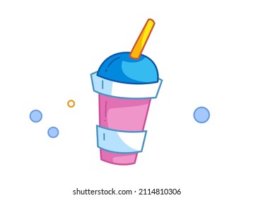 Pink glass for a drink or water with a straw. Healthy eating while walking with contour. Vector illustration in cartoon childish style. Isolated funny clipart on white background. cute print