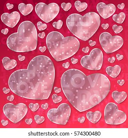 Pink glass hearts with silver frame and confetti, sparkles, dust with lettering love and happy on pink background. Vector illustration for Happy Valentines Day. Holiday design.