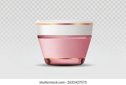 Pink glass jar with gold foil trim and matte white detailing, ideal for premium cosmetic branding, perfume labels, or apothecary-style packaging. Features precise reflections and polished finish.