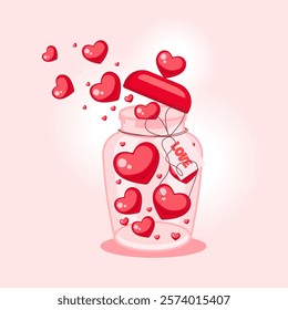 A pink glass jar with a red lid filled with red hearts. Vector illustration