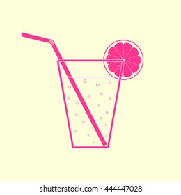 Pink glass of lemonade with straw and lemon slice. Flat icon.