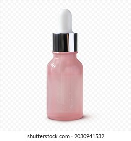 Pink glass serum bottle with pipette realistic 3d vector illustration isolated. Blank cosmetic tube mockup standing. Skincare pack design mock-up