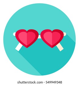 Pink Glasses Circle Icon. Flat Design Vector Illustration with Long Shadow. Happy Valentine Day Symbol.