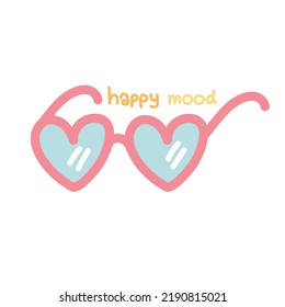 Pink glasses in heart shape with happy mood text on white background.Font handwritten cartoon design.Kawaii.Vector.Illustration.