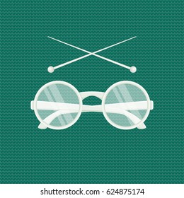 Pink glasses with knitting needles on knitted background. Grandmother concept. EPS 10