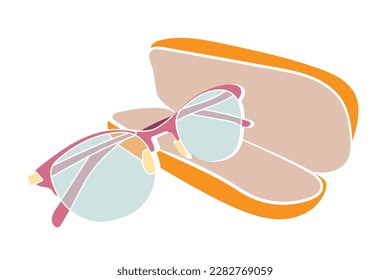 Pink glasses with orange case in flat style.