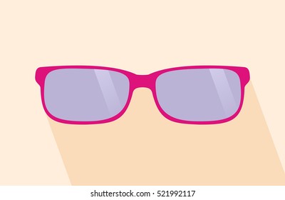 pink glassess. Long shadow, flat design, yellow background. Vector illustration.