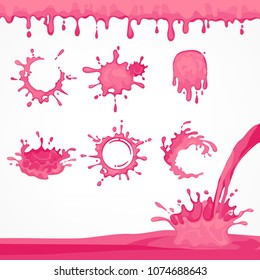 Pink glaze blots and splash, dripping and flows glaze or cream liquid. Dessert design for cafeteria and patisserie cakes and cookies. Vector illustration.