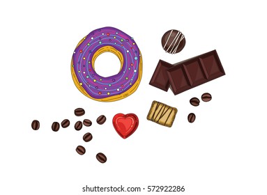 Pink glaze donut top view vector illustration. coffee beans, different kind of candy and chocolate around
