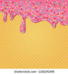 Pink glaze  with flowing  cream  with sprinkles melted on wafer background. Vector Illustration with wafer and glaze.